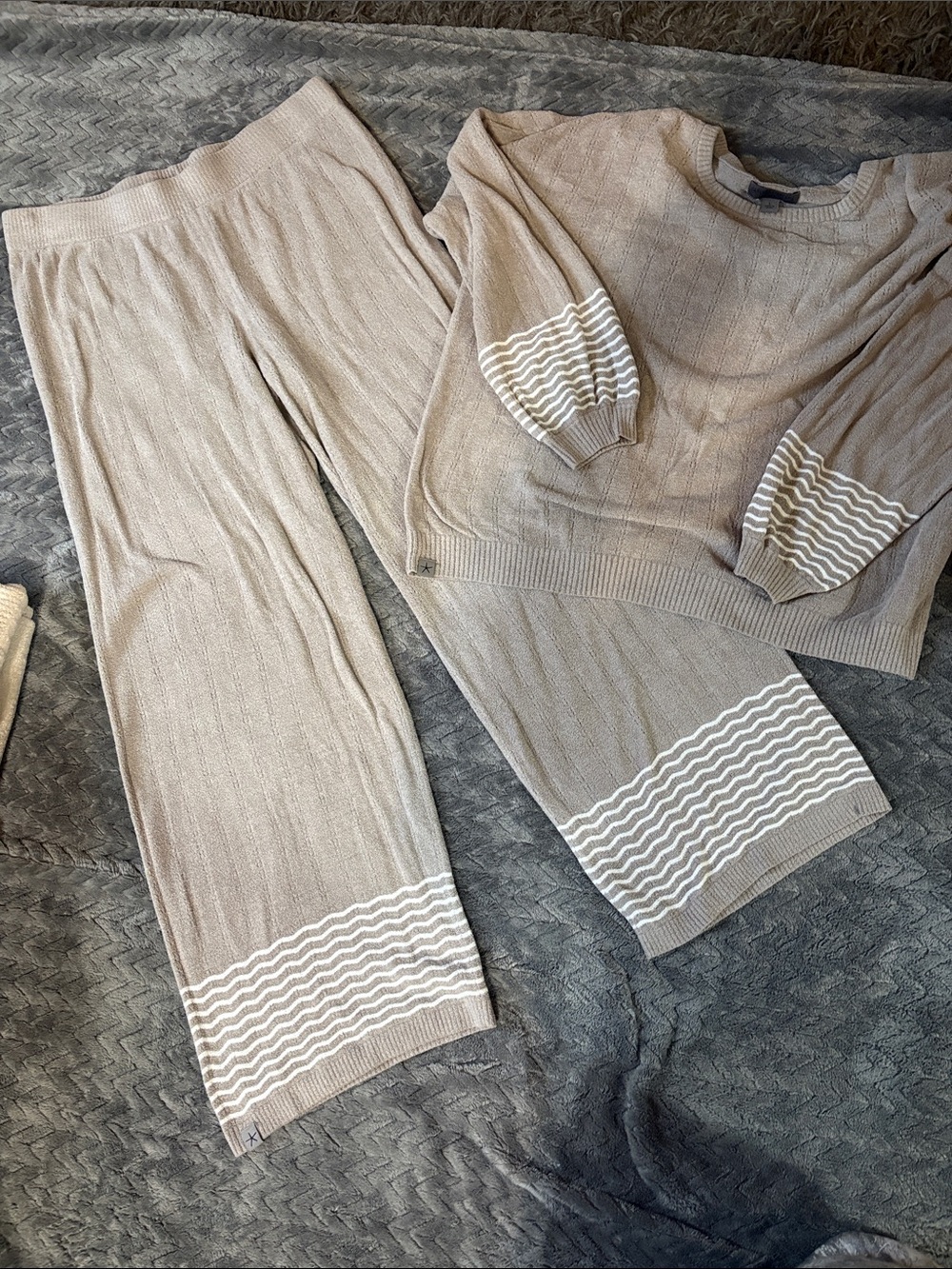 Barefoot Dreams Cozy Knit Lounge Set in Taupe with White Accents